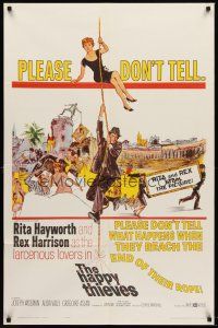 6f426 HAPPY THIEVES 1sh '62 cool artwork of Rita Hayworth & Rex Harrison sliding down rope!