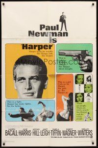 6f429 HARPER 1sh '66 Paul Newman has many fights, sexy Pamela Tiffin, great design!