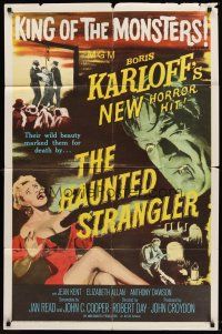6f431 HAUNTED STRANGLER 1sh '58 creepy Boris Karloff marked their death by their wild beauty!