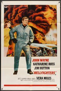 6f446 HELLFIGHTERS 1sh '69 John Wayne as fireman Red Adair, Katharine Ross, art of blazing inferno!