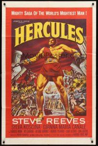 6f451 HERCULES 1sh '59 great artwork of the world's mightiest man Steve Reeves!