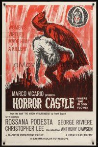 6f476 HORROR CASTLE 1sh '64 Where the Blood Flows, cool art of cloaked figure carrying girl!