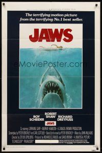 6f527 JAWS 1sh '75 art of Steven Spielberg's classic man-eating shark attacking sexy swimmer!