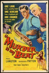6f678 MURDER IS MY BEAT 1sh '55 Edgar Ulmer film noir, Barbara Payton, cool speeding train art!