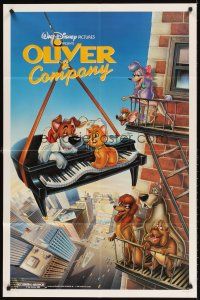 6f733 OLIVER & COMPANY 1sh '88 great image of Walt Disney cats & dogs in New York City!