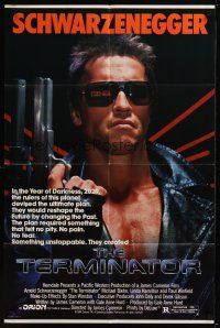 6f896 TERMINATOR 1sh '84 super close up of most classic cyborg Arnold Schwarzenegger with gun!