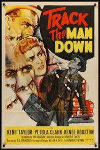 6f933 TRACK THE MAN DOWN 1sh '55 cool art of detective Kent Taylor tracing footsteps, Petula Clark
