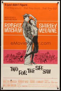 6f945 TWO FOR THE SEESAW 1sh '62 art of Robert Mitchum & sexy beatnik Shirley MacLaine!