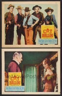 6g862 CAT BALLOU 2 LCs '65 posed portrait of Jane Fonda, Lee Marvin & top cast pointing guns!