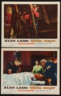 6g881 DRUM BEAT 2 LCs '54 Alan Ladd on ladder & wounded, directed by Delmer Daves!