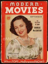 6h122 MODERN MOVIES magazine September 1937 portrait of Olivia De Havilland wearing pearls!