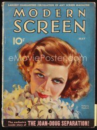 6h145 MODERN SCREEN magazine May 1933 artwork of Katharine Hepburn, plus the Joan-Doug separation!