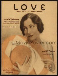 6h346 TRESPASSER sheet music '29 pretty Gloria Swanson with hat, Love, Your Spell is Everywhere!