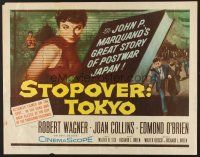 6j335 STOPOVER TOKYO 1/2sh '57 artwork of sexy Joan Collins & spy Robert Wagner in Japan!