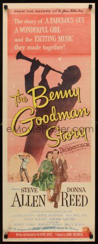 6k182 BENNY GOODMAN STORY insert '56 Steve Allen as Goodman, Donna Reed, Gene Krupa, Brown art!