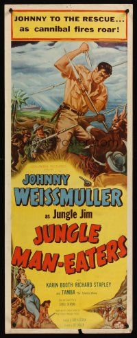6k441 JUNGLE MAN-EATERS insert '54 cool art of Johnny Weissmuller as Jungle Jim fighting cannibals!