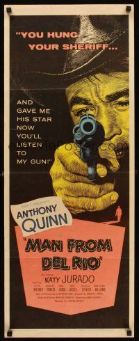 6k516 MAN FROM DEL RIO insert '56 great art of gunslinger Anthony Quinn pointing revolver!