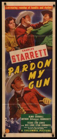 6k575 PARDON MY GUN insert '42 Charles Starrett & sexy Alma Carroll in bullet crackling action!