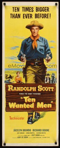 6k708 TEN WANTED MEN insert '54 cool image of cowboy Randolph Scott with two six-shooters!