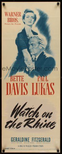 6k769 WATCH ON THE RHINE insert '43 artwork of Bette Davis & Paul Lukas holding each other!