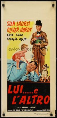 6k104 THEIR 1ST MISTAKE Italian locandina R66 art of Laurel & Hardy w/kid & cute dog!
