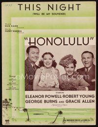 6m278 HONOLULU sheet music '39 Eleanor Powell, Robert Young, Burns & Allen, This Night!