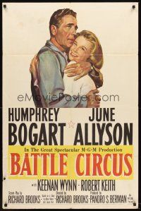 6p074 BATTLE CIRCUS 1sh '53 great artwork of Humphrey Bogart hugging June Allyson!