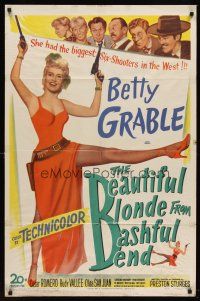 6p078 BEAUTIFUL BLONDE FROM BASHFUL BEND 1sh '49 Preston Sturges, Betty Grable has the big guns!