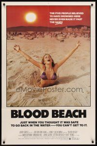 6p105 BLOOD BEACH 1sh '81 classic Jaws parody image of sexy girl in bikini sinking in quicksand!