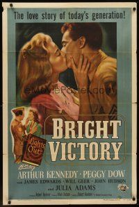 6p129 BRIGHT VICTORY 1sh '51 close up of blind Arthur Kennedy kissing pretty Peggy Dow!