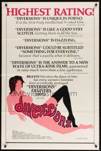 6p245 DIVERSIONS 1sh '76 x-rated, cool sexy art design of title over nude woman!