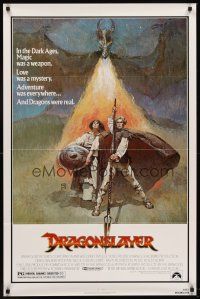 6p266 DRAGONSLAYER 1sh '81 cool Jeff Jones fantasy artwork of Peter MacNicol w/spear & dragon!