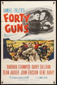 6p337 FORTY GUNS 1sh '57 Samuel Fuller, art of Barbara Stanwyck & Barry Sullivan on horseback!