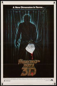 6p342 FRIDAY THE 13th PART 3 - 3D 1sh '82 slasher sequel, art of Jason stabbing through shower!