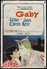 6p352 GABY 1sh '56 wonderful close up art of soldier John Kerr kissing Leslie Caron!