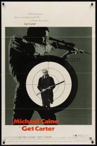 6p358 GET CARTER 1sh '71 great image of Michael Caine holding gun in assassin's scope!