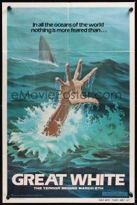 6p388 GREAT WHITE style A teaser 1sh '82 great artwork of shark attacking female swimmer!
