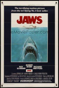 6p467 JAWS 1sh '75 art of Steven Spielberg's classic man-eating shark attacking sexy swimmer!