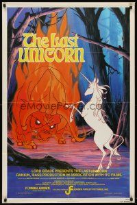 6p508 LAST UNICORN 1sh '82 cool fantasy artwork of unicorn & giant flaming bull!