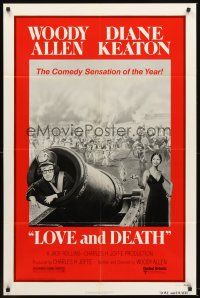 6p537 LOVE & DEATH style C 1sh '75 Diane Keaton about to fire Woody Allen out of a cannon!