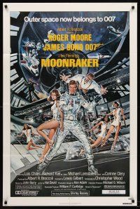 6p585 MOONRAKER 1sh '79 art of Roger Moore as James Bond & sexy babes by Gouzee!