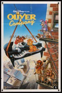 6p640 OLIVER & COMPANY int'l 1sh '88 great image of Walt Disney cats & dogs in New York City!