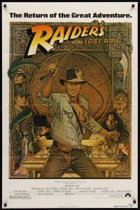 6p707 RAIDERS OF THE LOST ARK 1sh R82 great art of adventurer Harrison Ford by Richard Amsel!