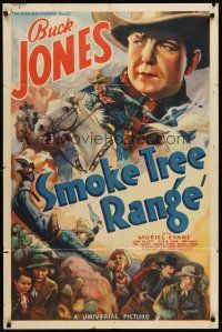 6p815 SMOKE TREE RANGE 1sh '37 really cool art of cowboy Buck Jones in western action!