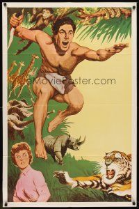 6p878 TARZAN 1sh '60s cool jungle action art of Tarzan, Jane & wild animals!
