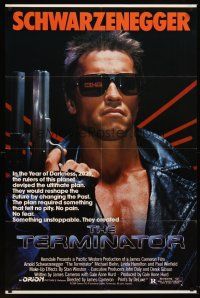 6p887 TERMINATOR 1sh '84 super close up of most classic cyborg Arnold Schwarzenegger with gun!