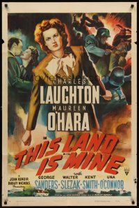 6p901 THIS LAND IS MINE style A 1sh '43 Maureen O'Hara, Charles Laughton, directed by Jean Renoir!