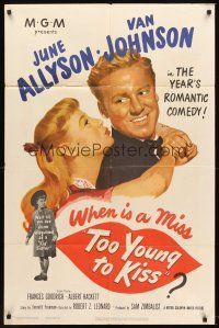 6p922 TOO YOUNG TO KISS 1sh '51 great romantic close up of Van Johnson & June Allyson!