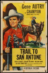 6p928 GENE AUTRY stock 1sh '53 art of Gene Autry w/guitar & riding Champion, Trail to San Antone!