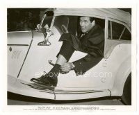 6r524 PILLOW TALK 8x10 still '59 wacky image of Rock Hudson who can't fit in the tiny sports car!
